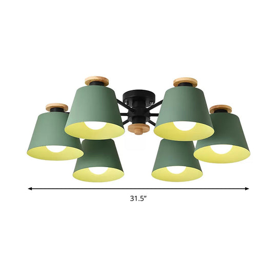 Macaron Metal Semi Flushmount Light - 6 Heads Bucket Ceiling For Kindergarten And Lofts