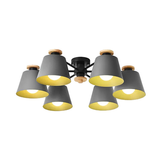 Macaron Metal Semi Flushmount Light - 6 Heads Bucket Ceiling For Kindergarten And Lofts