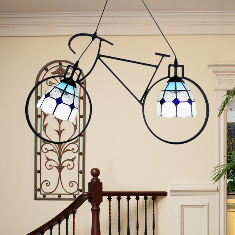 Metallic Bike Ceiling Pendant With Tiffany Grid Dome Shade - Creative 2-Head Hanging Light For Game