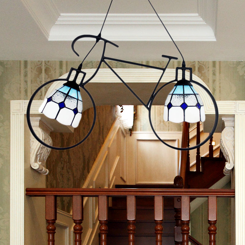 Metallic Bike Ceiling Pendant With Tiffany Grid Dome Shade - Creative 2-Head Hanging Light For Game