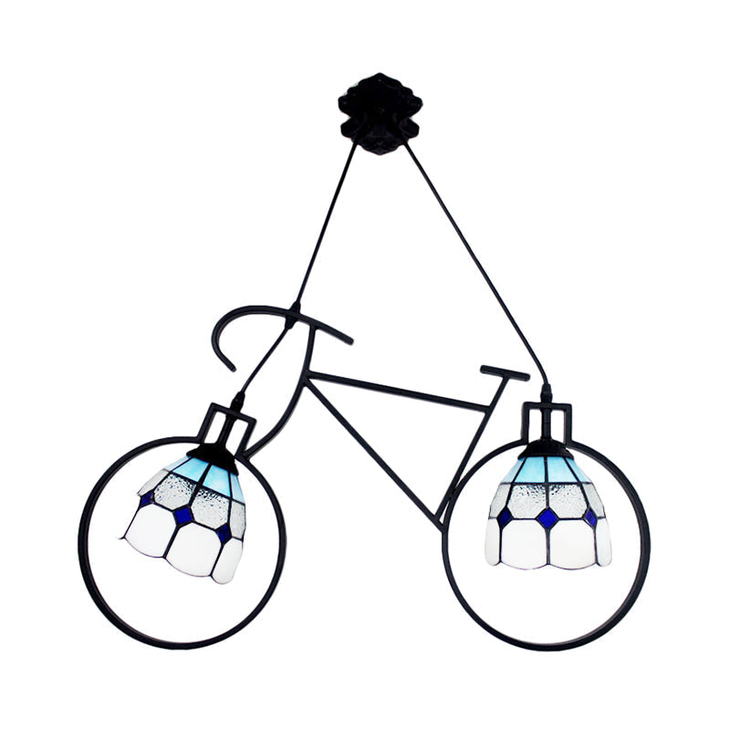 Metallic Bike Ceiling Pendant With Tiffany Grid Dome Shade - Creative 2-Head Hanging Light For Game