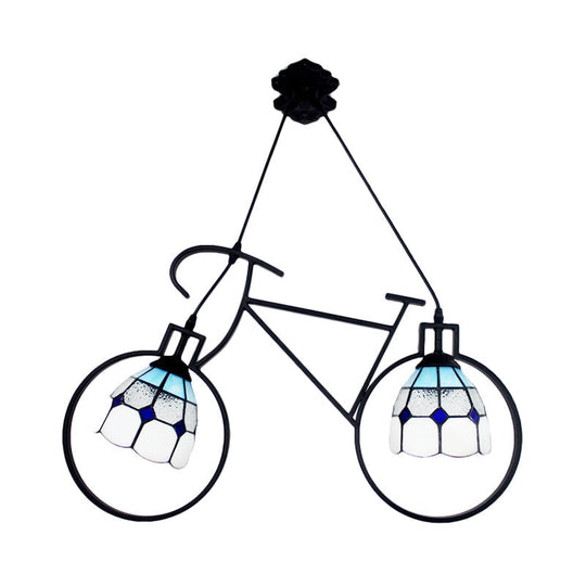 Metallic Bike Ceiling Pendant With Tiffany Grid Dome Shade - Creative 2-Head Hanging Light For Game