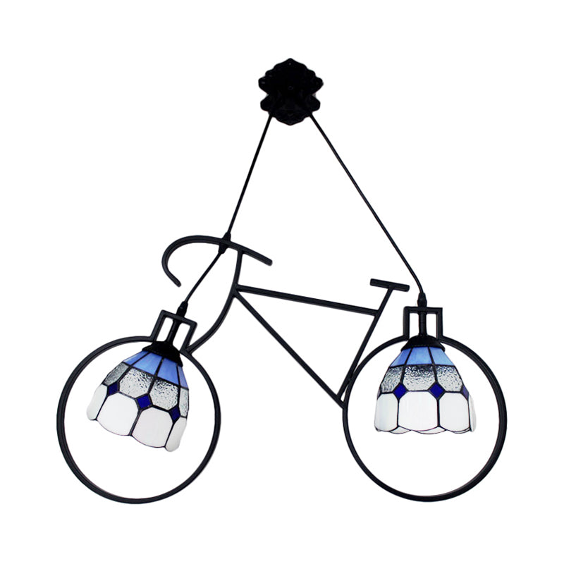 Metallic Bike Ceiling Pendant With Tiffany Grid Dome Shade - Creative 2-Head Hanging Light For Game