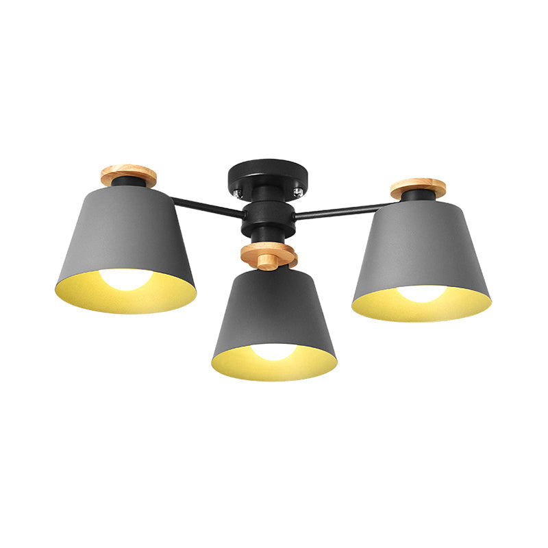 Macaron Metal Bucket Semi Flush Ceiling Light - Ideal For Adult Bedrooms Three Bulbs Fixture