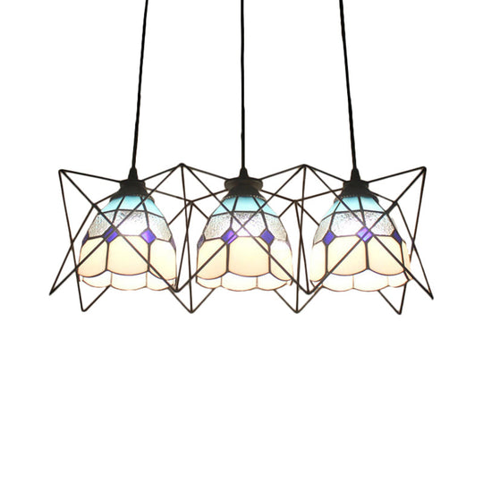 Tiffany Kitchen Pendant Light: Grid Bowl Design with Wire Frame Glass, 3 Heads