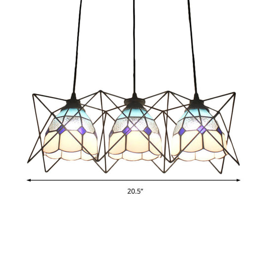 Tiffany Kitchen Pendant Light: Grid Bowl Design with Wire Frame Glass, 3 Heads