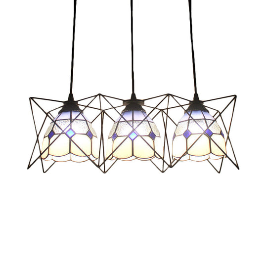 Tiffany Kitchen Pendant Light: Grid Bowl Design with Wire Frame Glass, 3 Heads