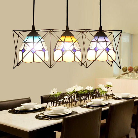 Tiffany Kitchen Pendant Light: Grid Bowl Design with Wire Frame Glass, 3 Heads