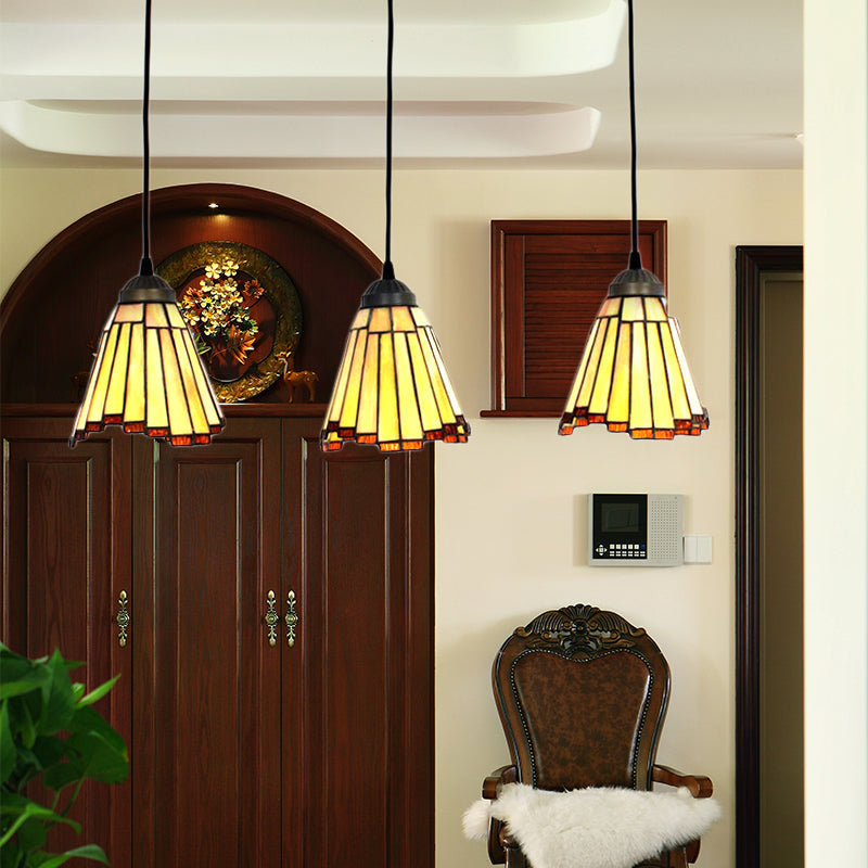 Tapered Cluster Pendant Light - 3 Bulbs Tiffany-Style Beige Stained Glass Suspension Fixture