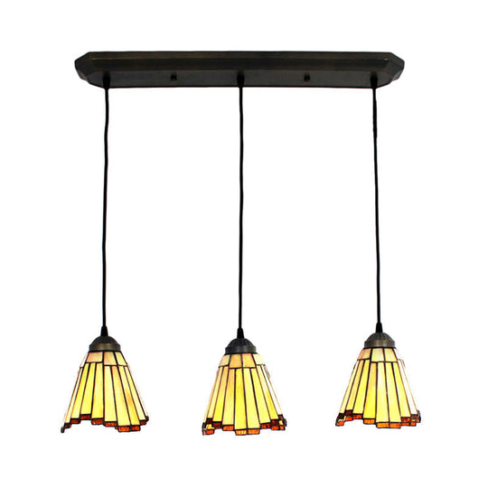 Tapered Cluster Pendant Light - 3 Bulbs Tiffany-Style Beige Stained Glass Suspension Fixture