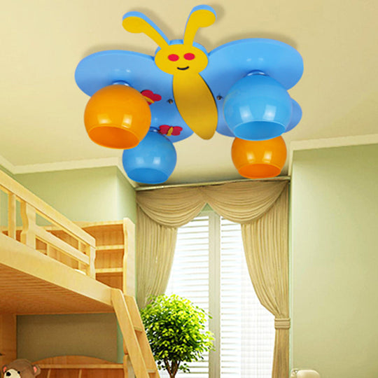 Blue Cartoon Butterfly Ceiling Lamp with 4 Wooden Heads for Kid's Room