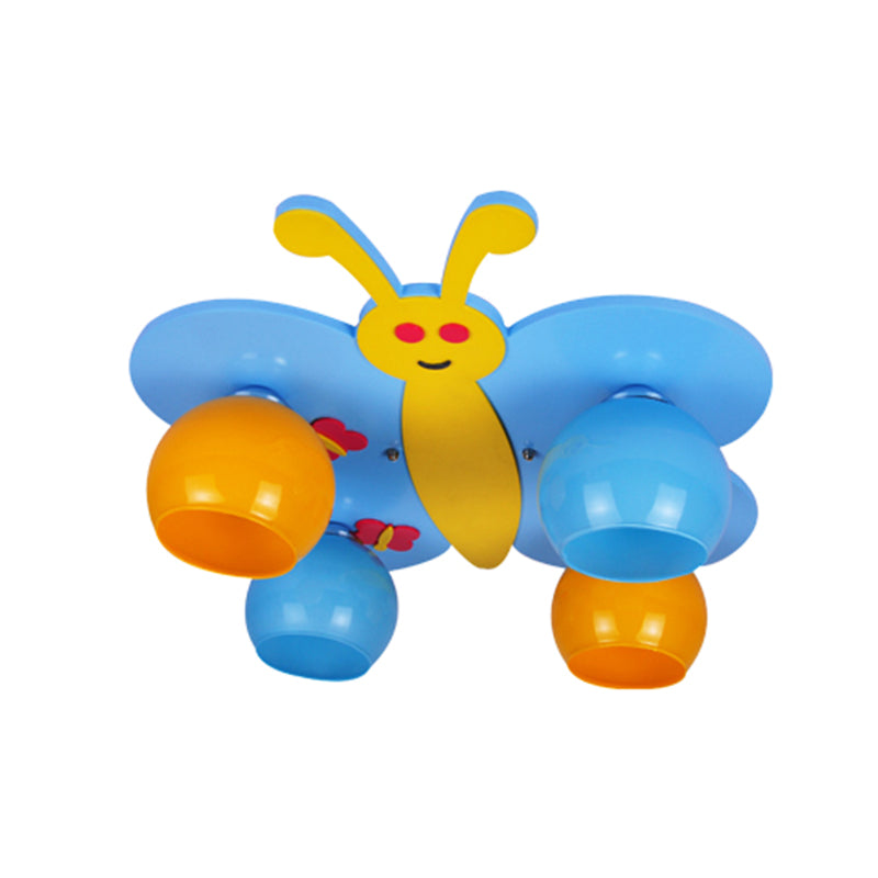 Blue Cartoon Butterfly Ceiling Lamp with 4 Wooden Heads for Kid's Room