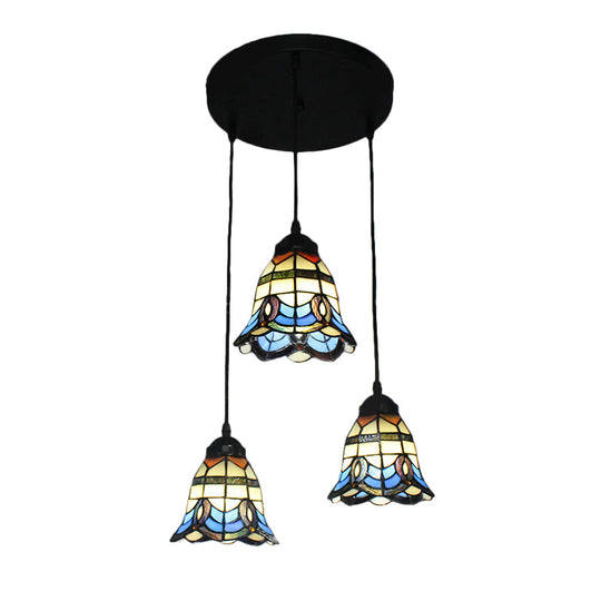 Tiffany Victorian Bell Shade Stained Glass Pendant Light - Blue, 3 Heads - Hotel Style