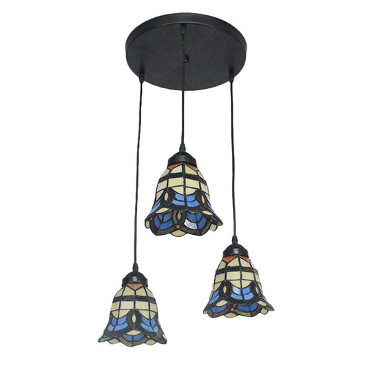 Tiffany Victorian Bell Shade Stained Glass Pendant Light - Blue, 3 Heads - Hotel Style