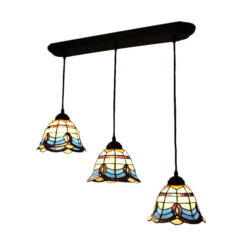 Tiffany Victorian Style Hanging Bell Shade Stained Glass Pendant Light - Blue (3 Heads) For Hotel