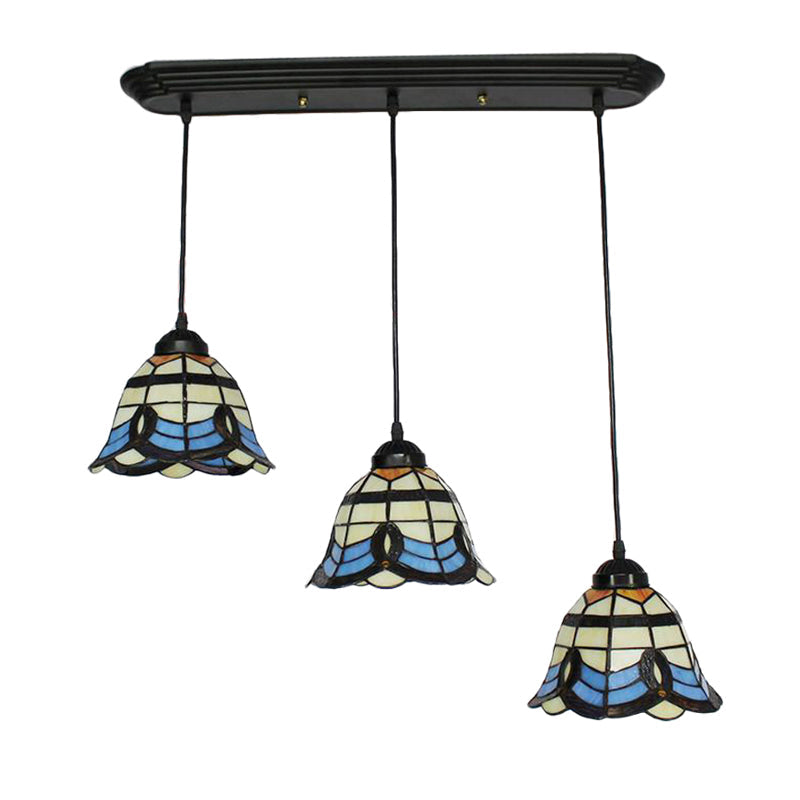 Tiffany Victorian Style Hanging Bell Shade Stained Glass Pendant Light - Blue (3 Heads) For Hotel