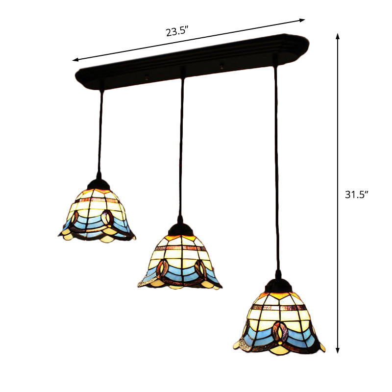 Tiffany Victorian Bell Shade Stained Glass Pendant Light - Blue, 3 Heads - Hotel Style