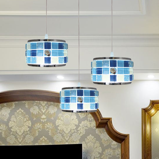 Mediterranean Drum Hanging Lamp with Blue Crystal Accents - 3 Lights, Mosaic Design, Round/Linear Canopy