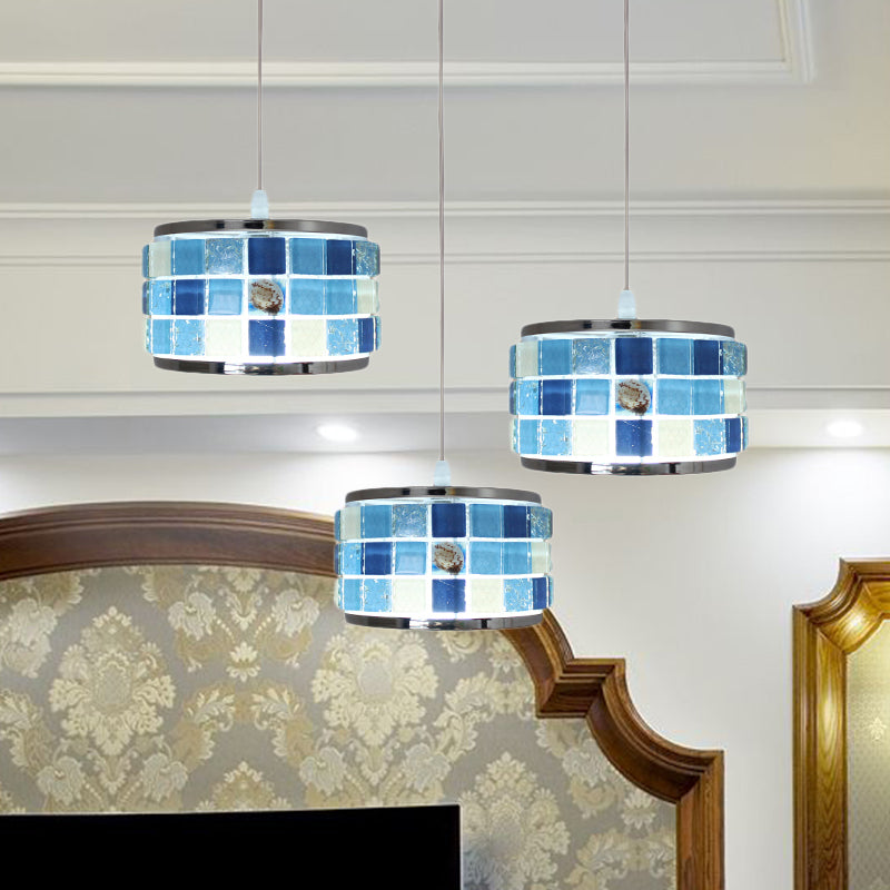 Mediterranean Blue Crystal Drum Hanging Lamp With Mosaic Design - 3 Lights Ceiling Pendant Light /