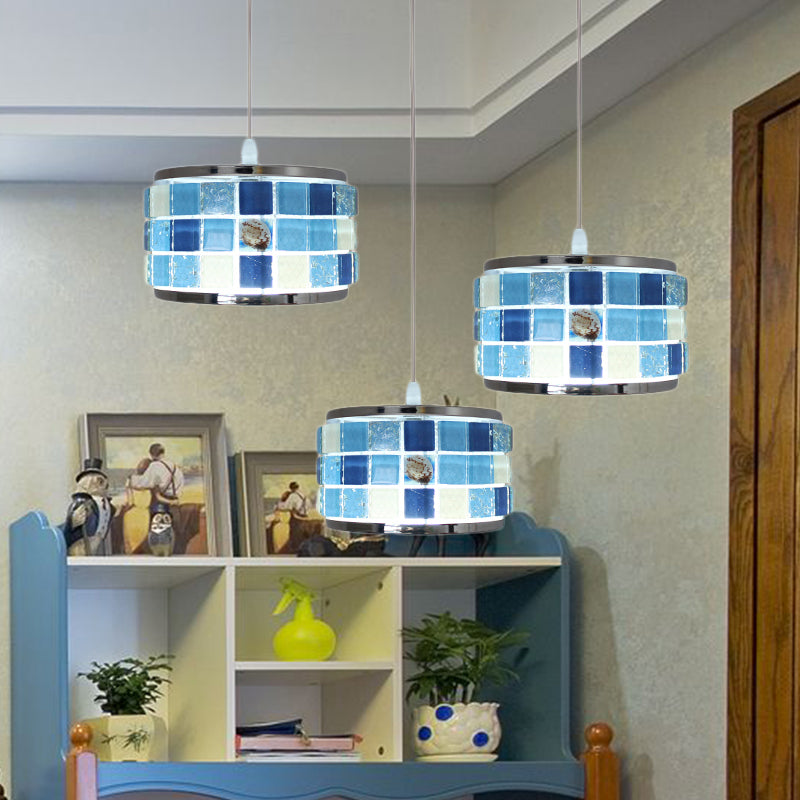 Mediterranean Drum Hanging Lamp with Blue Crystal Accents - 3 Lights, Mosaic Design, Round/Linear Canopy