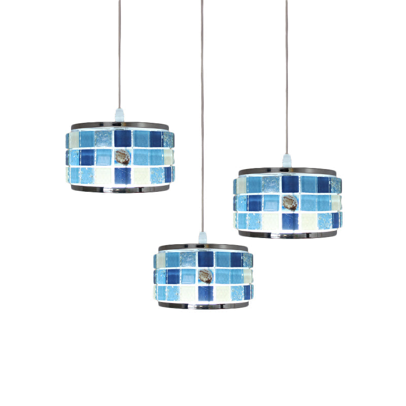 Mediterranean Drum Hanging Lamp with Blue Crystal Accents - 3 Lights, Mosaic Design, Round/Linear Canopy