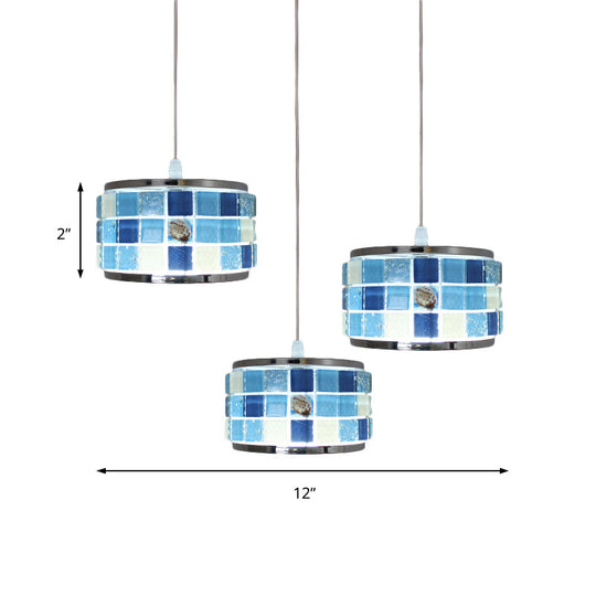 Mediterranean Drum Hanging Lamp with Blue Crystal Accents - 3 Lights, Mosaic Design, Round/Linear Canopy