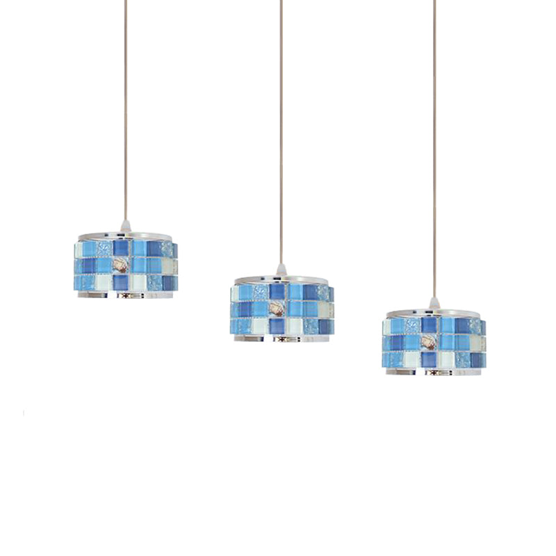 Mediterranean Drum Hanging Lamp with Blue Crystal Accents - 3 Lights, Mosaic Design, Round/Linear Canopy