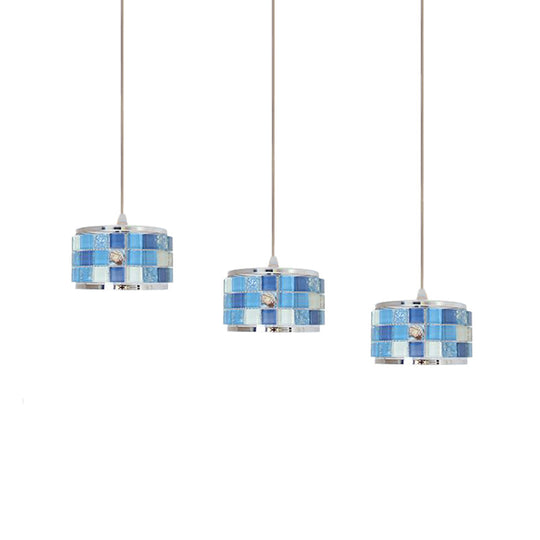 Mediterranean Blue Crystal Drum Hanging Lamp With Mosaic Design - 3 Lights Ceiling Pendant Light