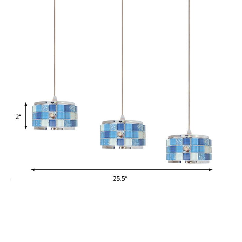 Mediterranean Drum Hanging Lamp with Blue Crystal Accents - 3 Lights, Mosaic Design, Round/Linear Canopy