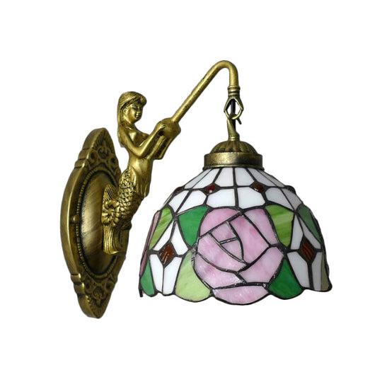 Tiffany Wall Mount Sconce Light With Stained Glass Shade And Mermaid Backplate - Pink/Green-Pink