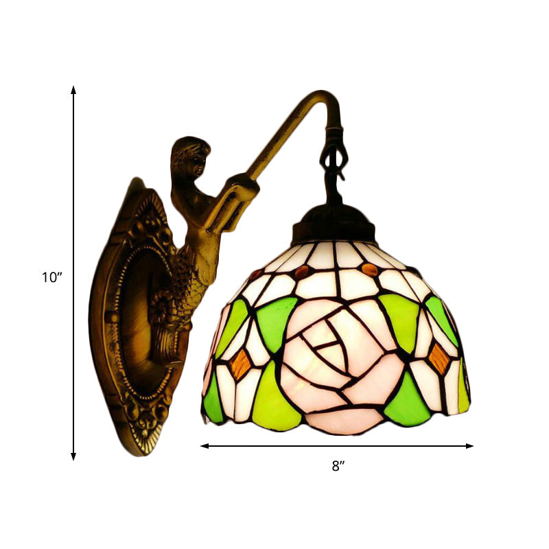 Tiffany Wall Mount Sconce Light With Stained Glass Shade And Mermaid Backplate - Pink/Green-Pink