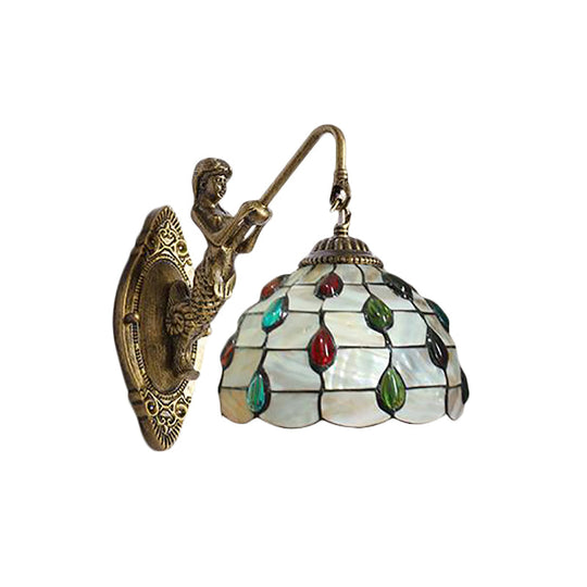 Tiffany Beige Glass Beaded Sconce Light Fixture - Mermaid Backplate Brass Wall Mount 1 Head