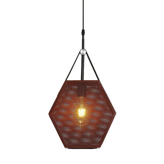 Hollow Hexagon Shape Hanging Lamp - Industrial Metallic Pendant Light For Restaurant (Brown 1 Head)