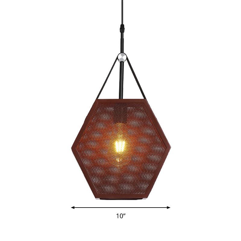 Hollow Hexagon Shape Hanging Lamp - Industrial Metallic Pendant Light For Restaurant (Brown 1 Head)