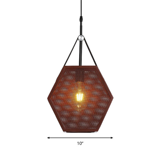 Hollow Hexagon Shape Hanging Lamp - Industrial Metallic Pendant Light For Restaurant (Brown 1 Head)