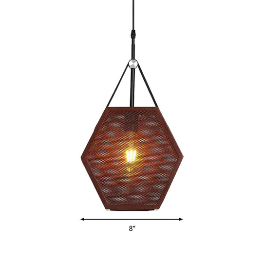 Hollow Hexagon Shape Hanging Lamp - Industrial Metallic Pendant Light For Restaurant (Brown 1 Head)