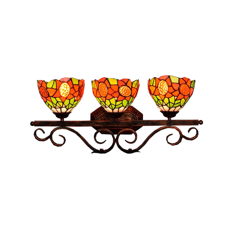 Baroque Orange Stained Glass Sconce Light With Sunflower Pattern - 3-Head Bowl Wall Fixture