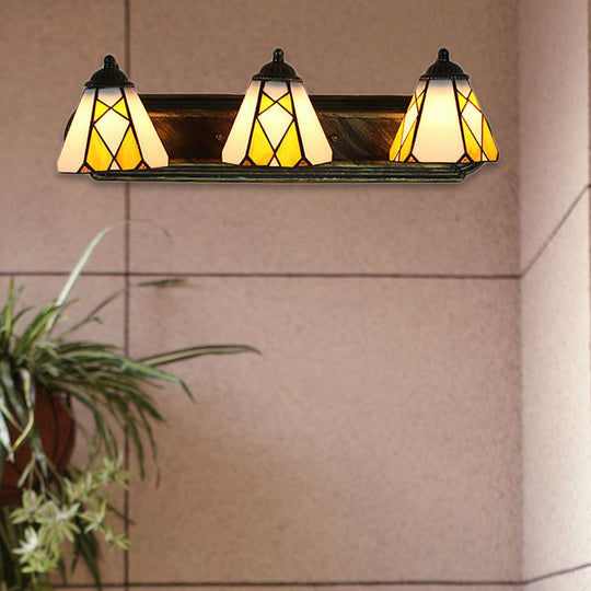 Tiffany Cone Wall Mounted Lamp With 3 Yellow/Amber Glass Sconce Heads - Perfect For Hallway Lighting