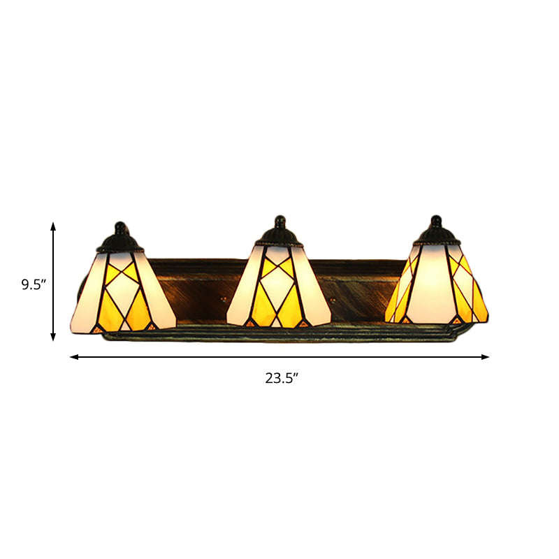 Tiffany Cone Wall Mounted Lamp With 3 Yellow/Amber Glass Sconce Heads - Perfect For Hallway Lighting