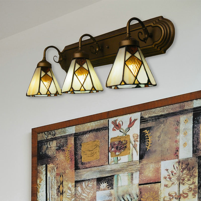 Tiffany Cone Wall Mounted Lamp With 3 Yellow/Amber Glass Sconce Heads - Perfect For Hallway Lighting