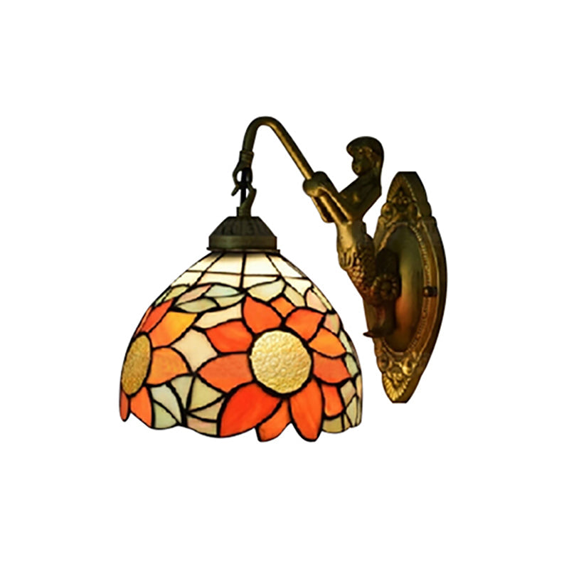 1-Head Tiffany Orange Hallway Wall Sconce Light With Sunflower Stained Glass Shade - Mounted