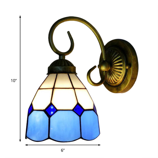 Tiffany Glass Sconce Light With Curved Arm For Corridor - Head Bowl Wall Fixture In Orange/Blue/Pink