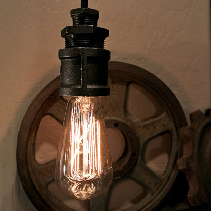 Industrial Metallic Pendant Light: Exposed Bulb Hallway Fixture With Black Ceiling And Water Pipe