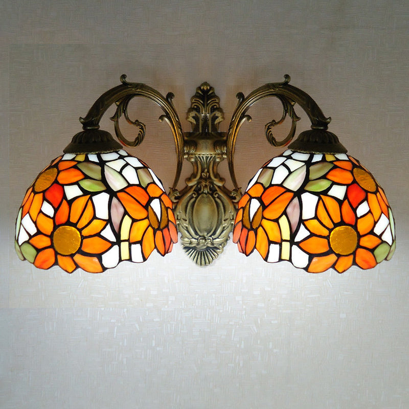 Sunflower Lodge Wall Sconce With Orange/Yellow Glass Shade - 2 Lights Lighting Orange / Down