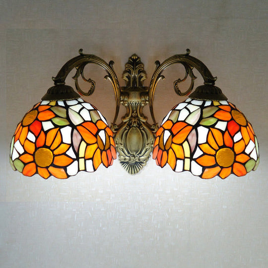 Sunflower Lodge Wall Sconce With Orange/Yellow Glass Shade - 2 Lights Lighting Orange / Down