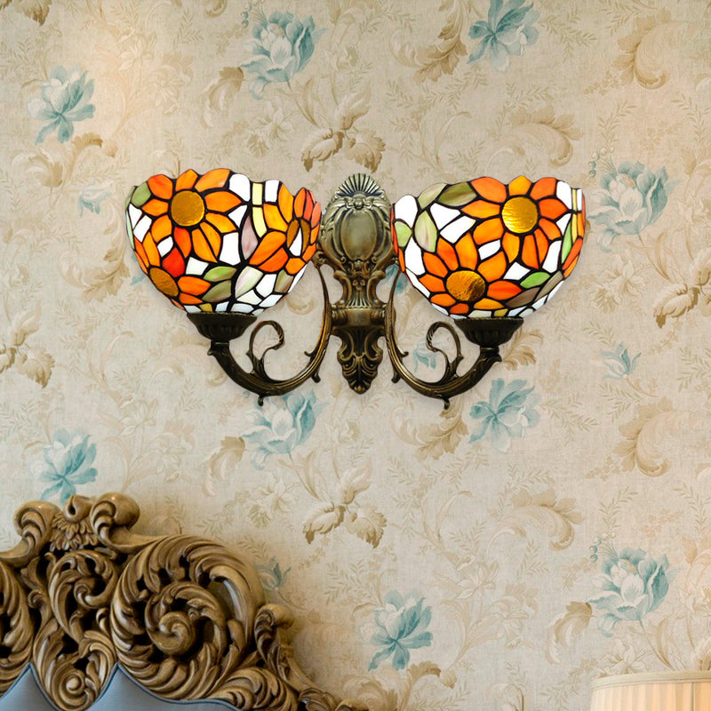 Sunflower Lodge Wall Sconce With Orange/Yellow Glass Shade - 2 Lights Lighting Orange / Up