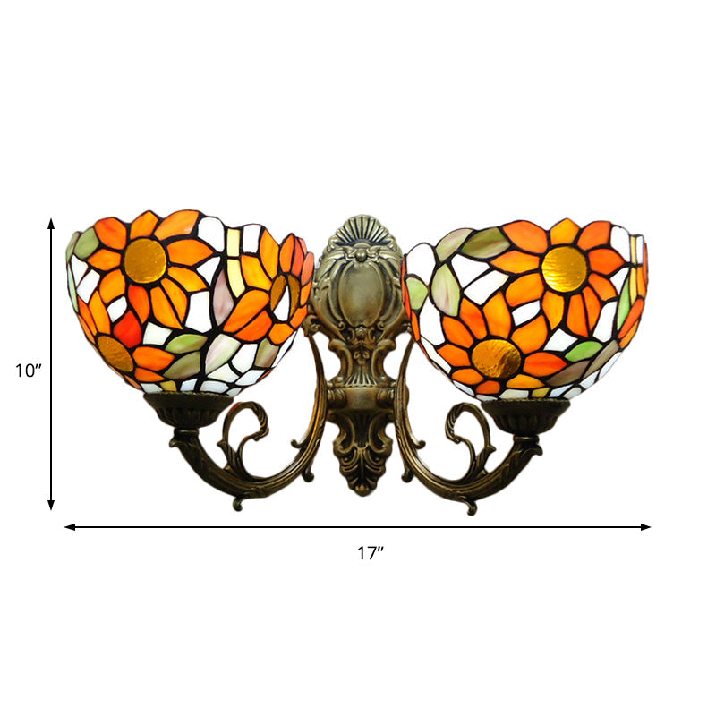 Sunflower Lodge Wall Sconce With Orange/Yellow Glass Shade - 2 Lights Lighting