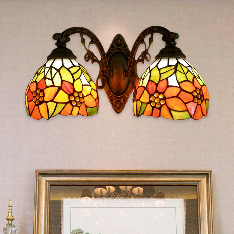 Sunflower Lodge Wall Sconce With Orange/Yellow Glass Shade - 2 Lights Lighting Yellow / Down