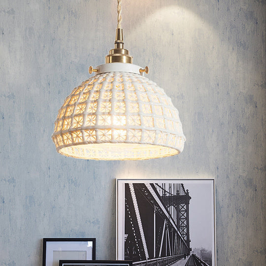 White Ceramic Domed Basket Pendant Lamp - Modern 1-Head Hanging Light for Kitchen Hallway