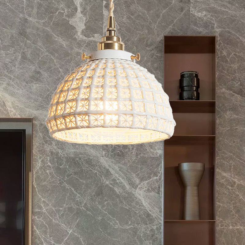 Modern Ceramic Domed Pendant Lamp - White Single Head Hanging Light For Kitchen & Hallway